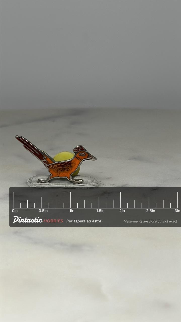 Roadrunner Bird Pin: Orange Enamel Metal - Vintage Southwest Accessory with ruler overlay for size reference