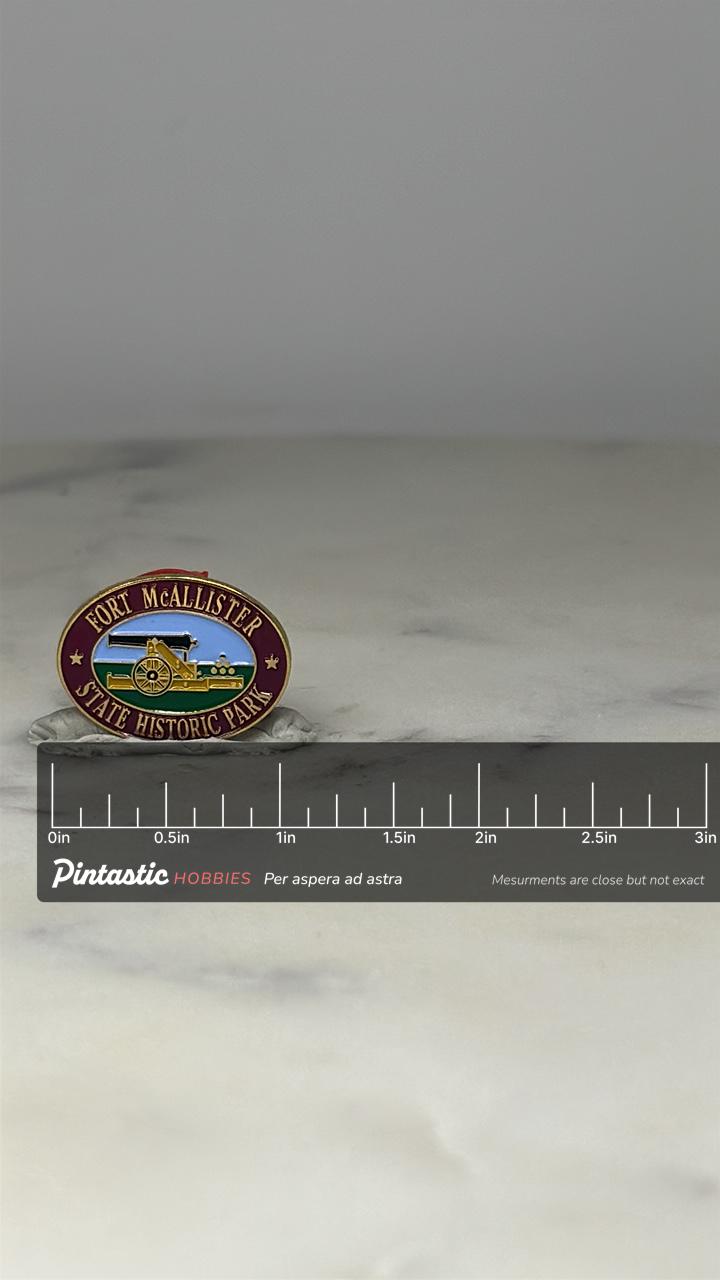 Fort McAllister Cannon Pin: Gold & Maroon Enamel - Historic Park Accessory with ruler overlay for size reference