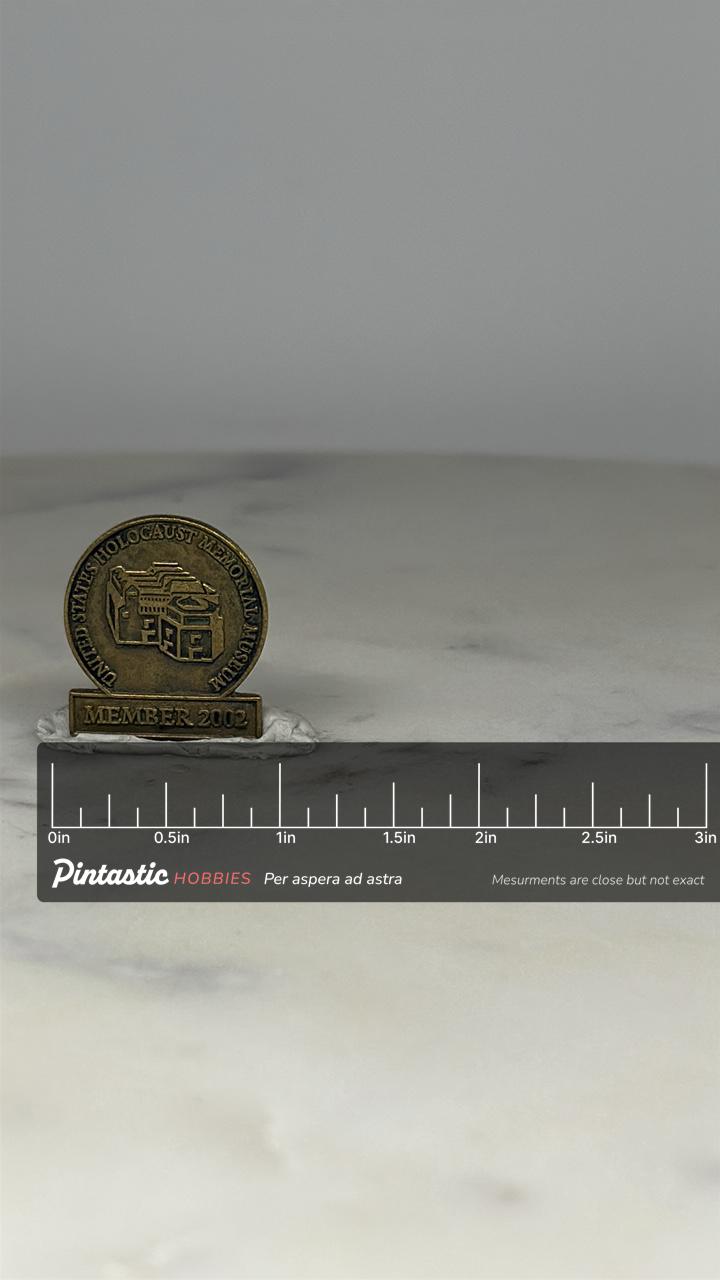 Holocaust Memorial Museum Pin: Antique Bronze Finish - 2002 Commemorative Accessory with ruler overlay for size reference