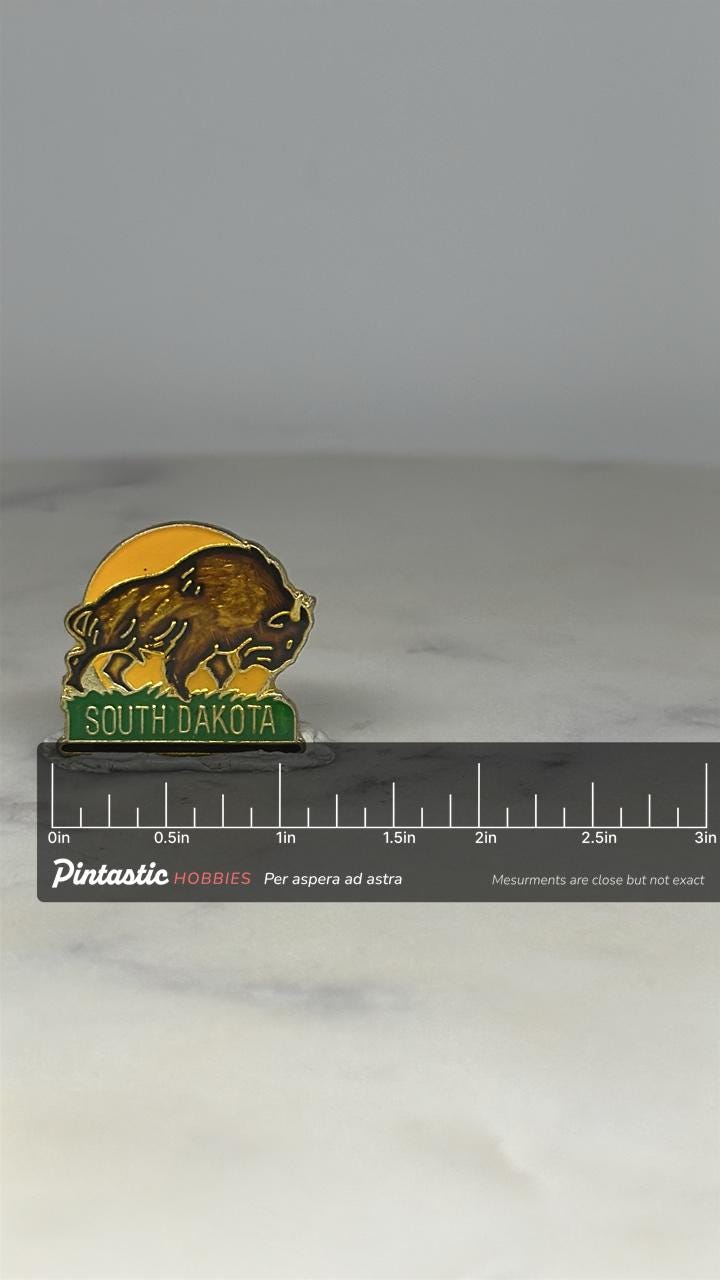 South Dakota Buffalo Pin: Gold Enamel Finish - Vintage Travel Accessory with ruler overlay for size reference