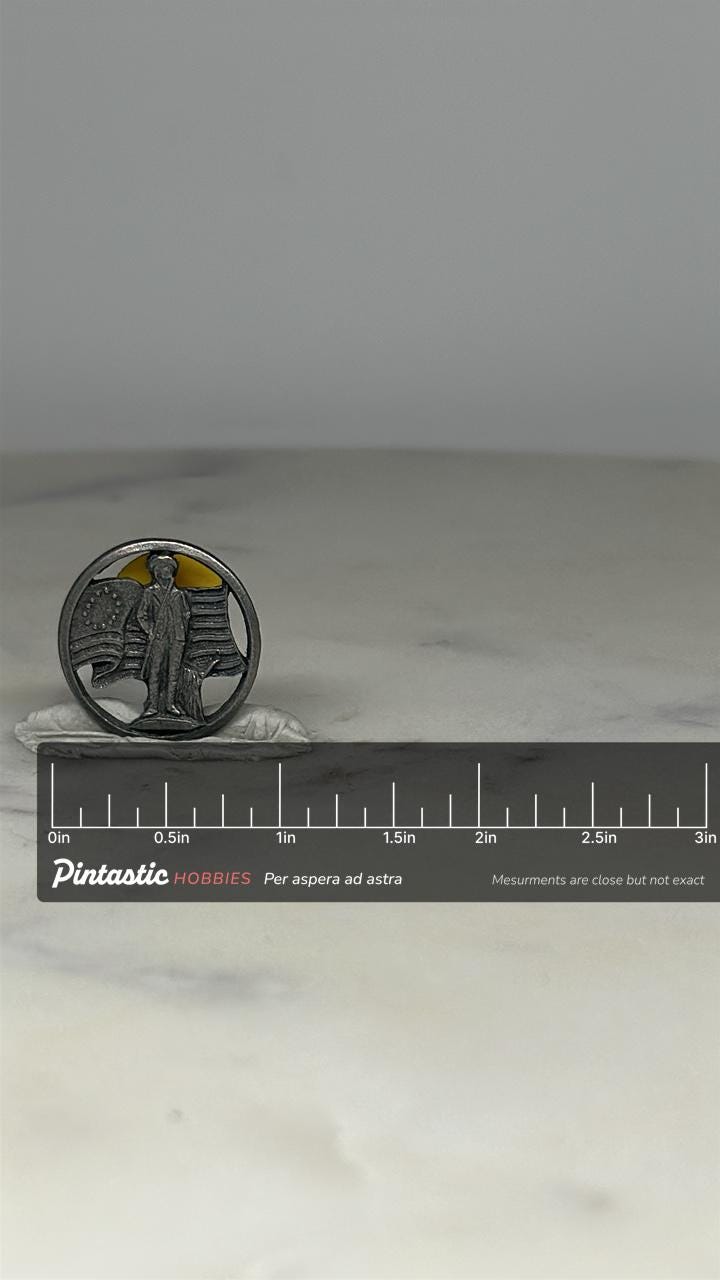 Betsy Ross Flag Soldier Pin: Silver Tone Finish - Patriotic Accessory with ruler overlay for size reference