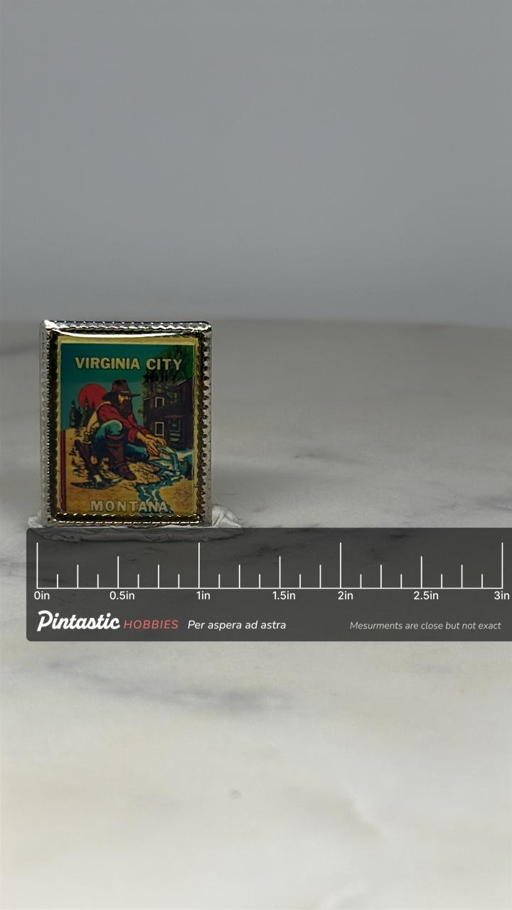 Virginia City Montana Pin: Framed Gold Prospector Art - Vintage Souvenir Accessory with ruler overlay for size reference