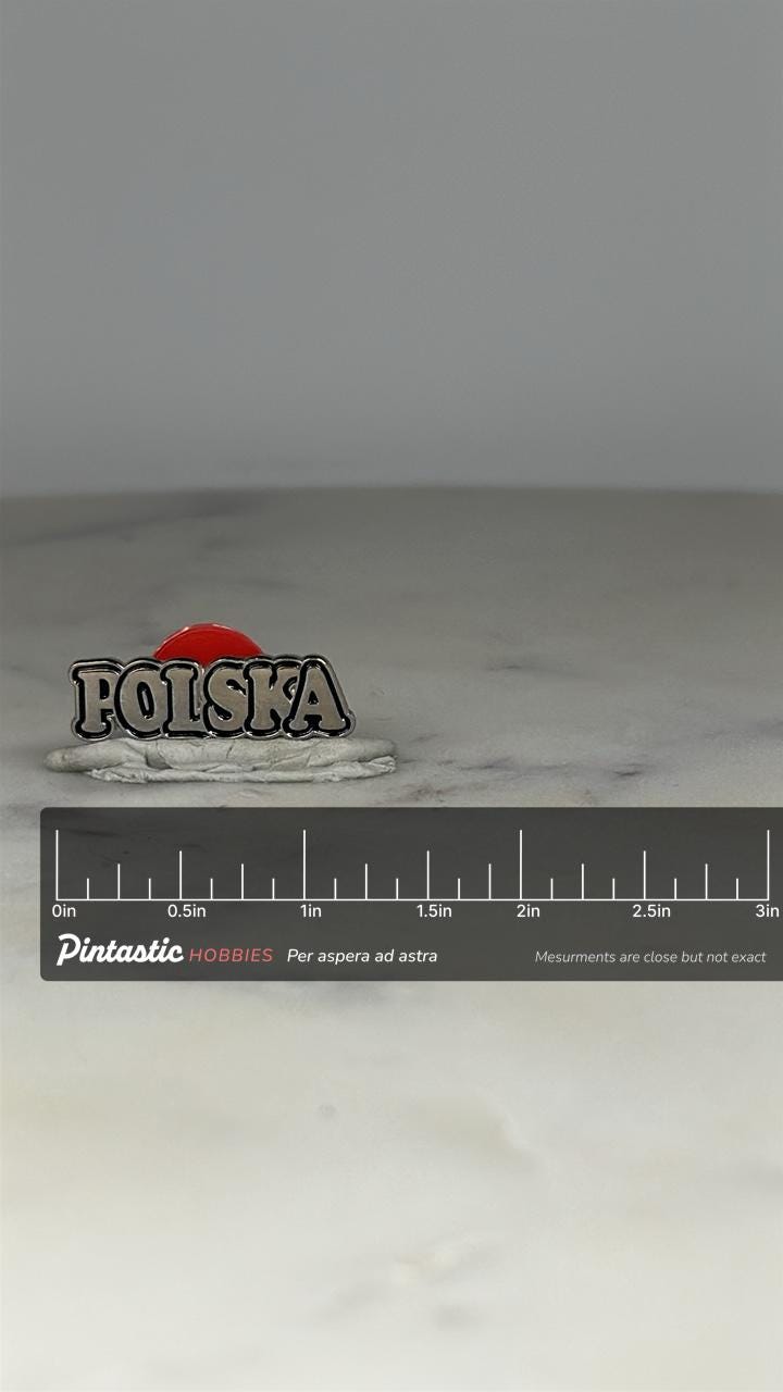 Polska Souvenir Pin: Silver with Red Accent - Vintage Travel Accessory with ruler overlay for size reference
