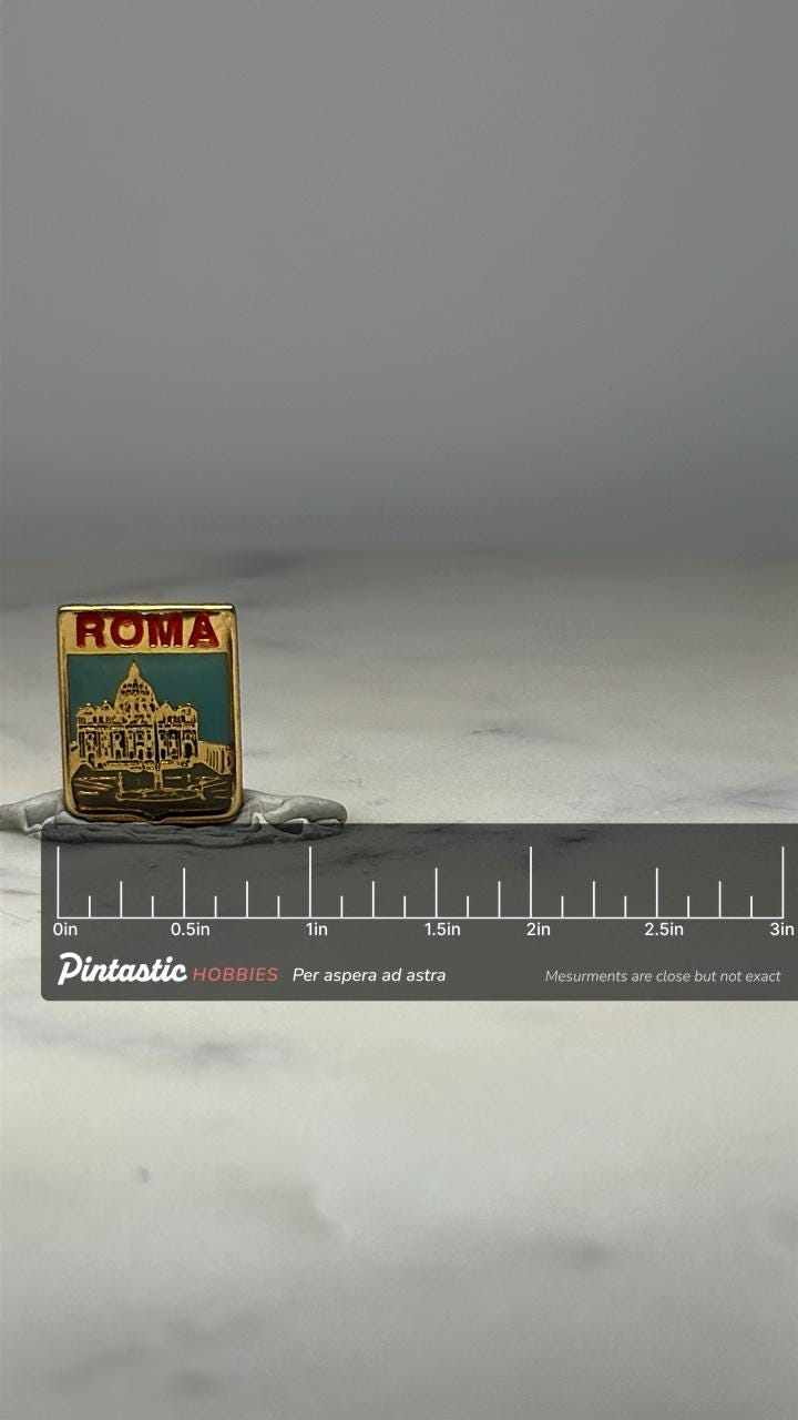 Roma Souvenir Pin: Gold-Tone Enamel - Vintage Travel Accessory with ruler overlay for size reference