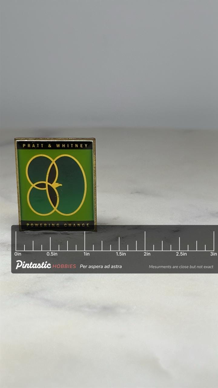 Pratt & Whitney Square Pin: Green Enamel Logo - Industrial Era Accessory with ruler overlay for size reference