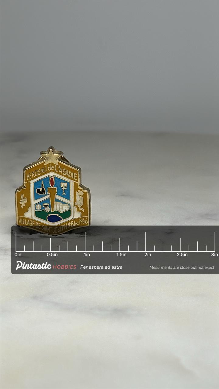 Saint-Joseph NB Crest Pin: Gold Enamel - 1966 Commemorative Accessory with ruler overlay for size reference
