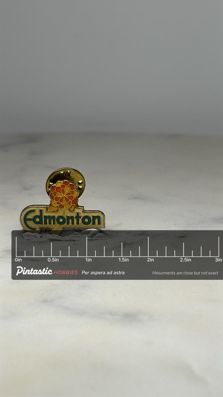 Edmonton Souvenir Pin: Gold-Tone Enamel - Vintage Travel Accessory with ruler overlay for size reference