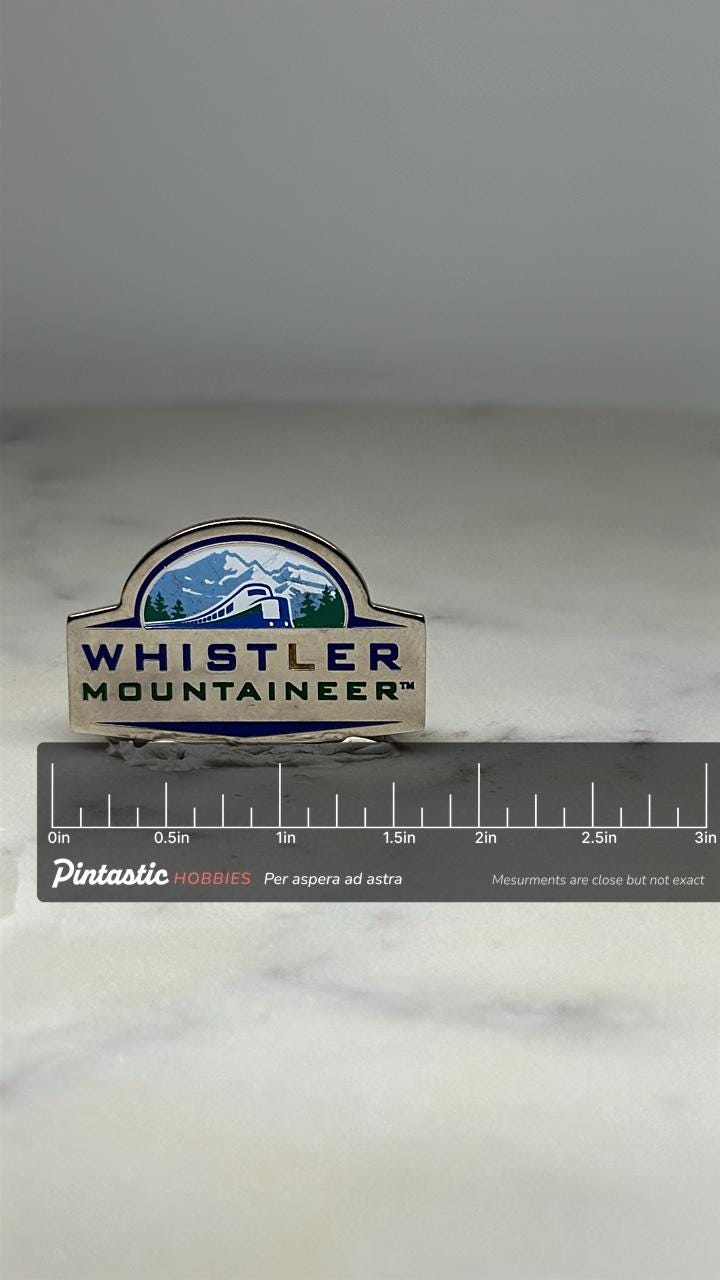 Whistler Mountaineer Train Pin: Silver Enamel - Travel Souvenir Accessory with ruler overlay for size reference
