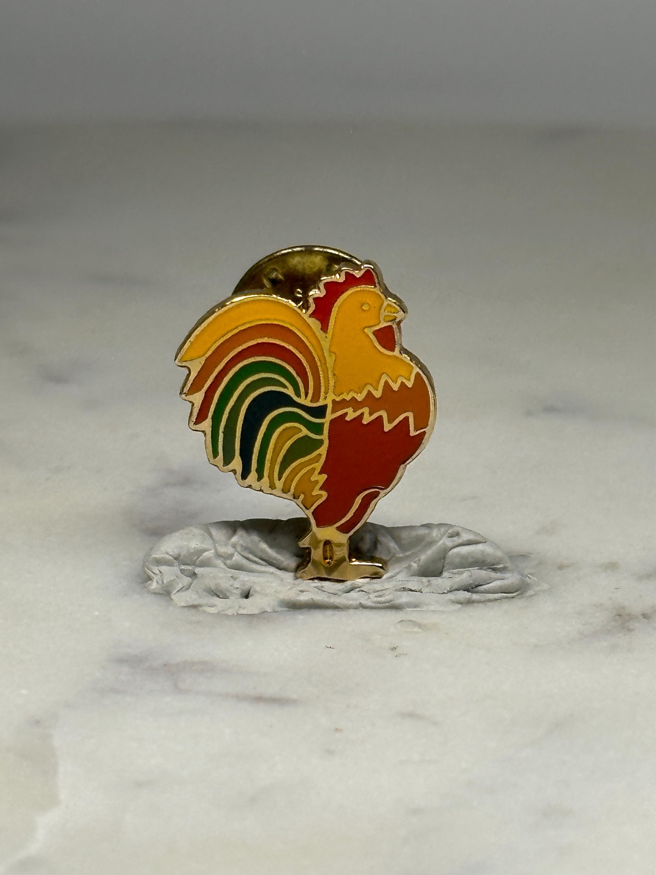 Rooster Lapel Pin: Gold Tone Rainbow Enamel - Vintage Farm Accessory