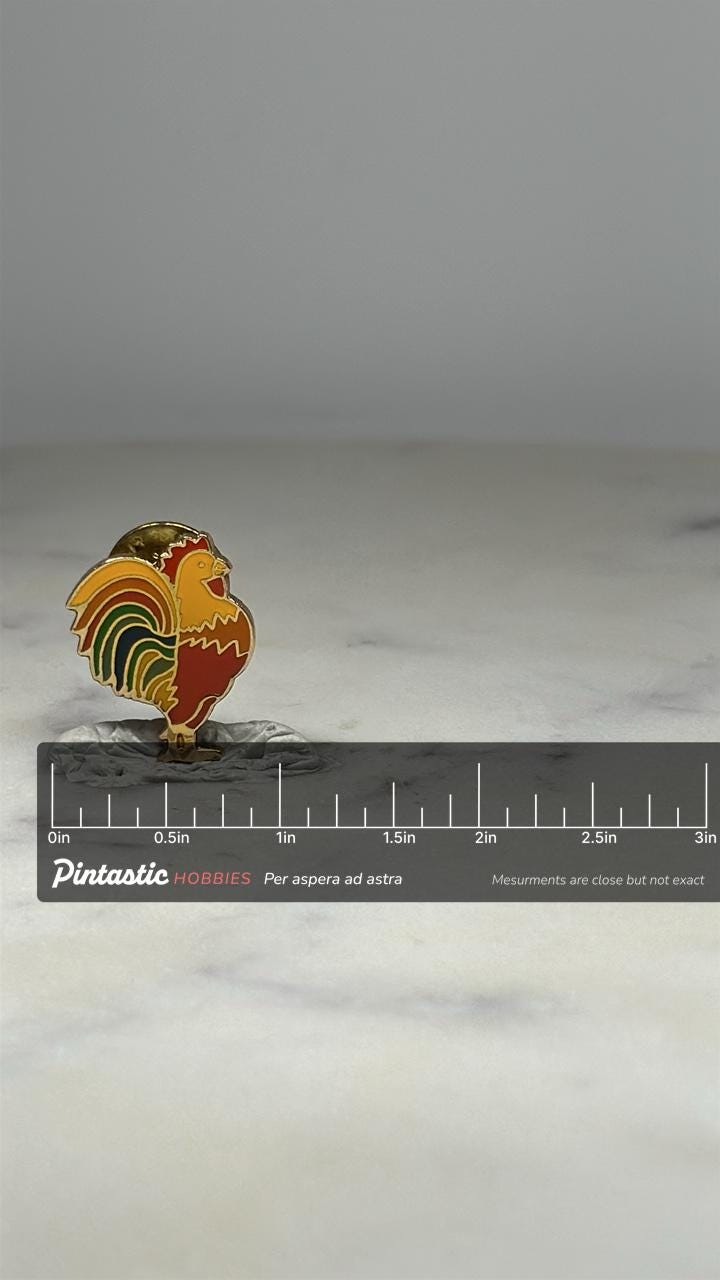Rooster Lapel Pin: Gold Tone Rainbow Enamel - Vintage Farm Accessory with ruler overlay for size reference