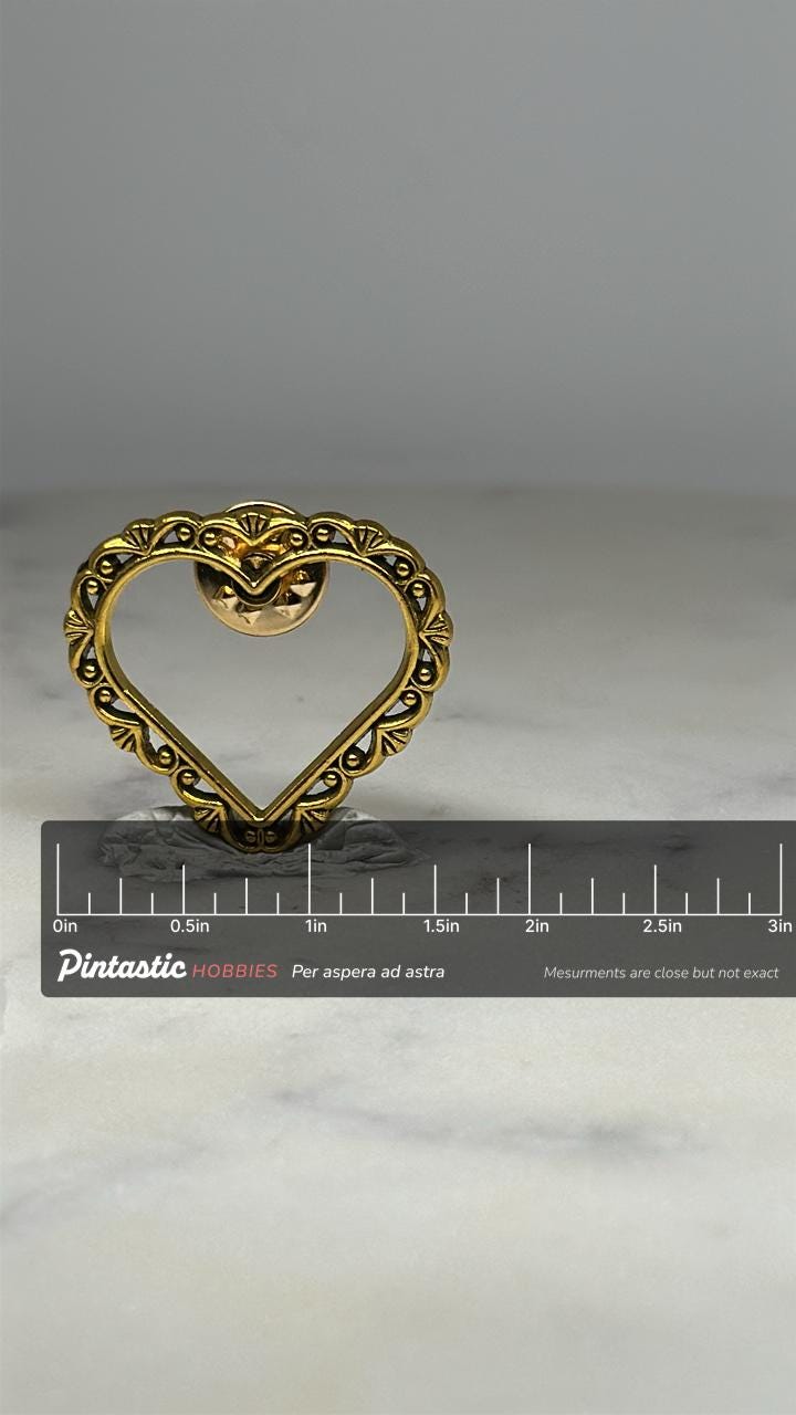 Open Heart Lapel Pin: Gold-Tone Filigree - Vintage Style Accessory with ruler overlay for size reference