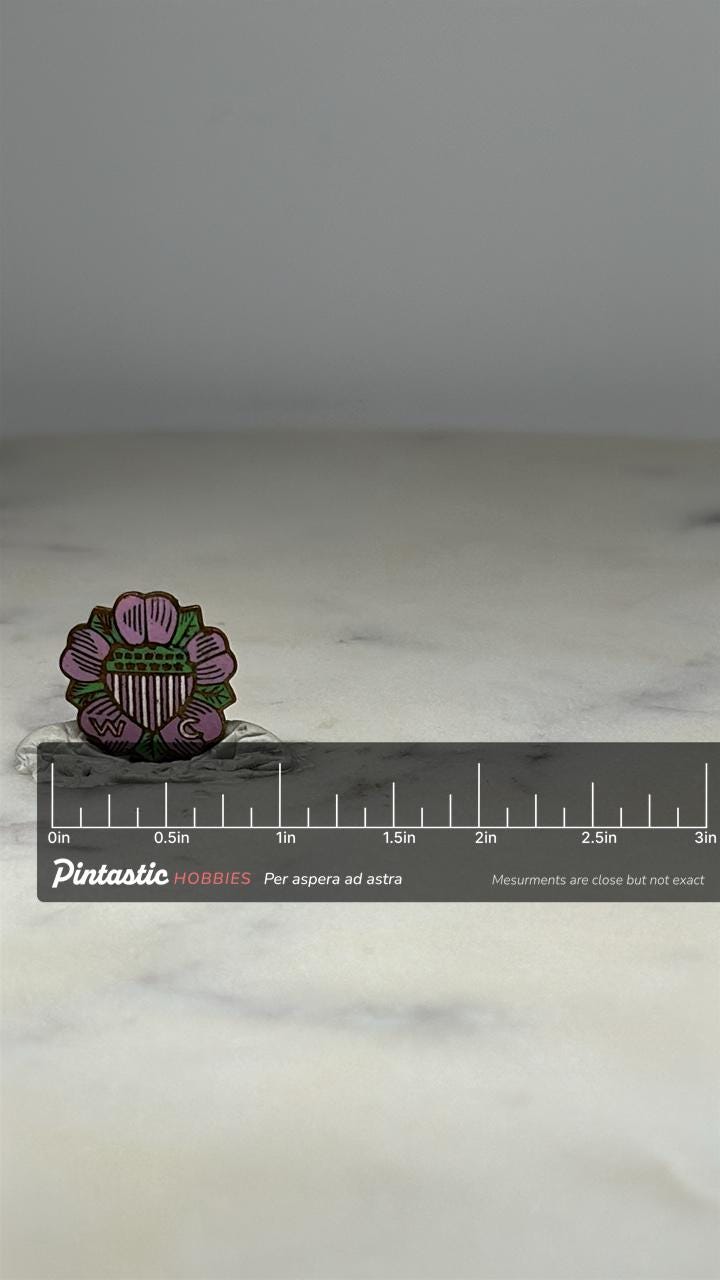 Women's Club Enamel Pin: Pink & Green Floral Crest - Vintage Accessory with ruler overlay for size reference
