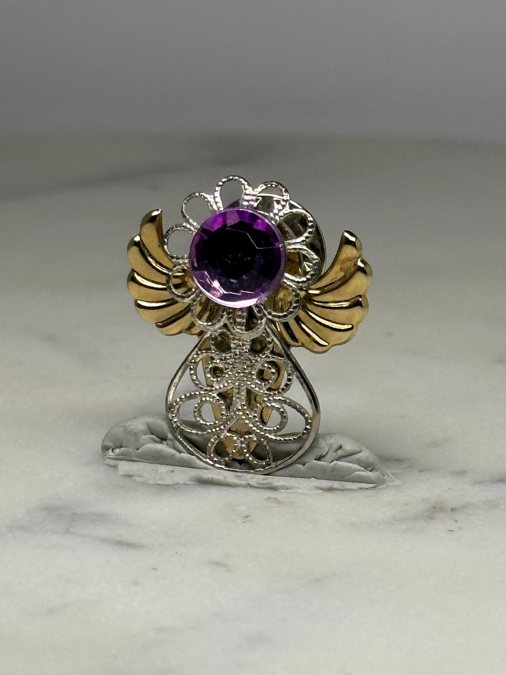 Angel Brooch Pin: Gold & Silver Filigree with Purple Gem - Vintage Accessory