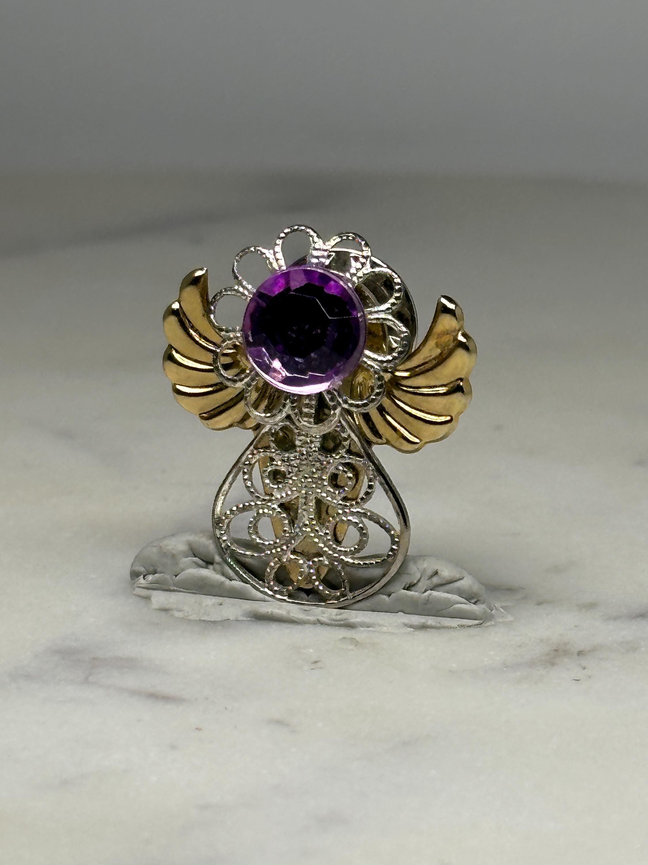 Angel Brooch Pin: Gold & Silver Filigree with Purple Gem - Vintage Accessory