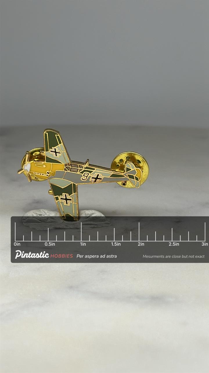 WWII German Fighter Plane Pin: Green Enamel Goldtone - Military Accessory with ruler overlay for size reference
