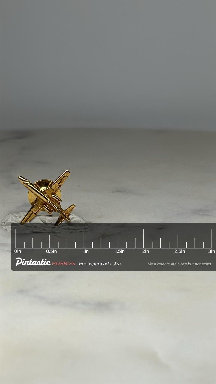 Jet Airplane Lapel Pin: Gold Tone Metal - Vintage Aviation Accessory with ruler overlay for size reference