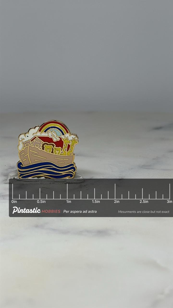 Noah's Ark Lapel Pin: Enamel Rainbow Finish - Religious Accessory with ruler overlay for size reference