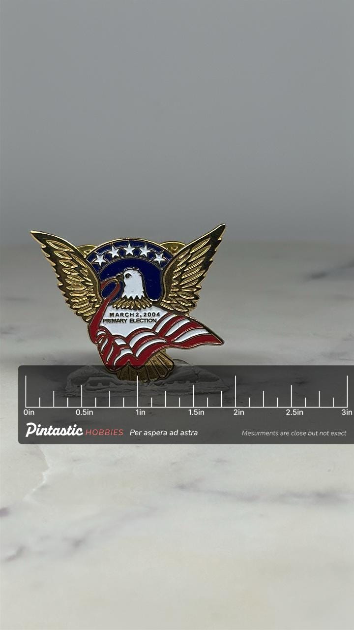 Eagle Primary Election Pin: Gold Red White Blue Enamel - 2004 Patriotic Accessory with ruler overlay for size reference