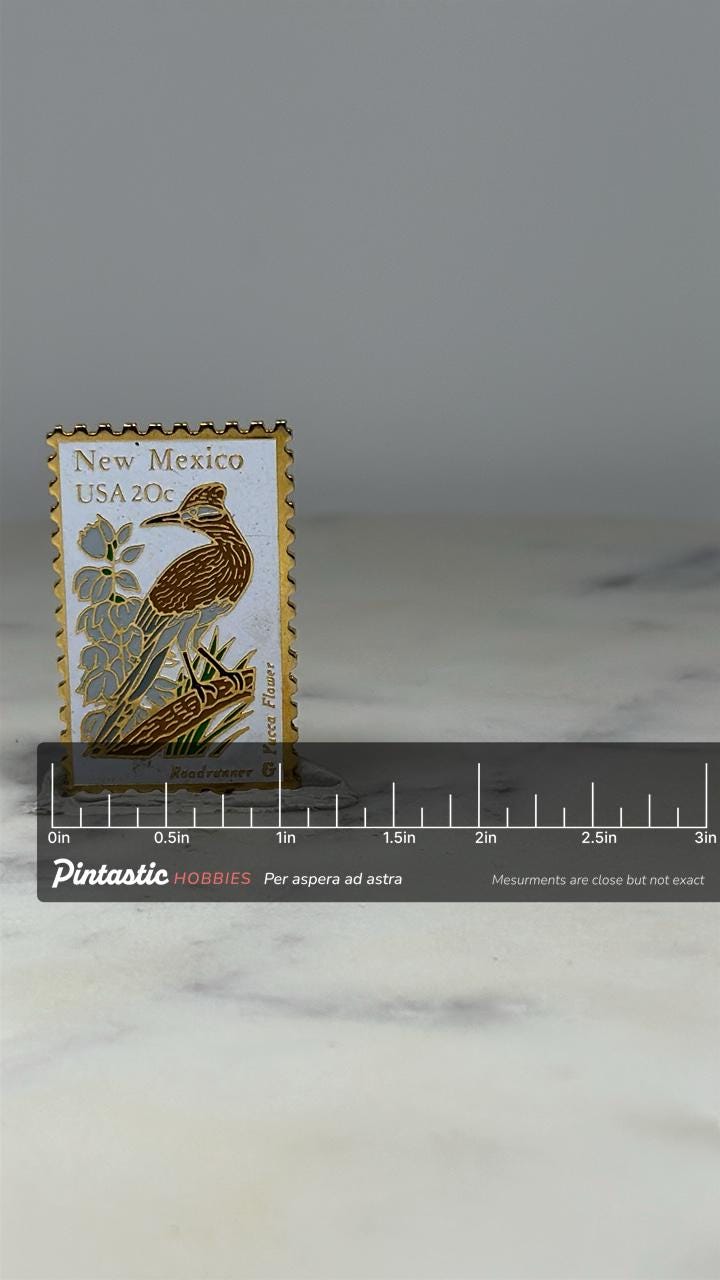 New Mexico Stamp Pin: Gold Enamel Finish - Vintage State Accessory with ruler overlay for size reference