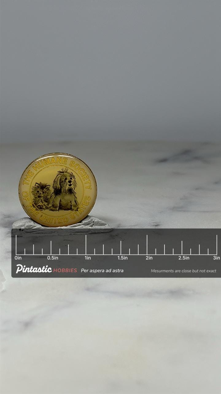 Humane Society Animal Pin: Yellow Enamel Finish - Vintage Charity Accessory with ruler overlay for size reference