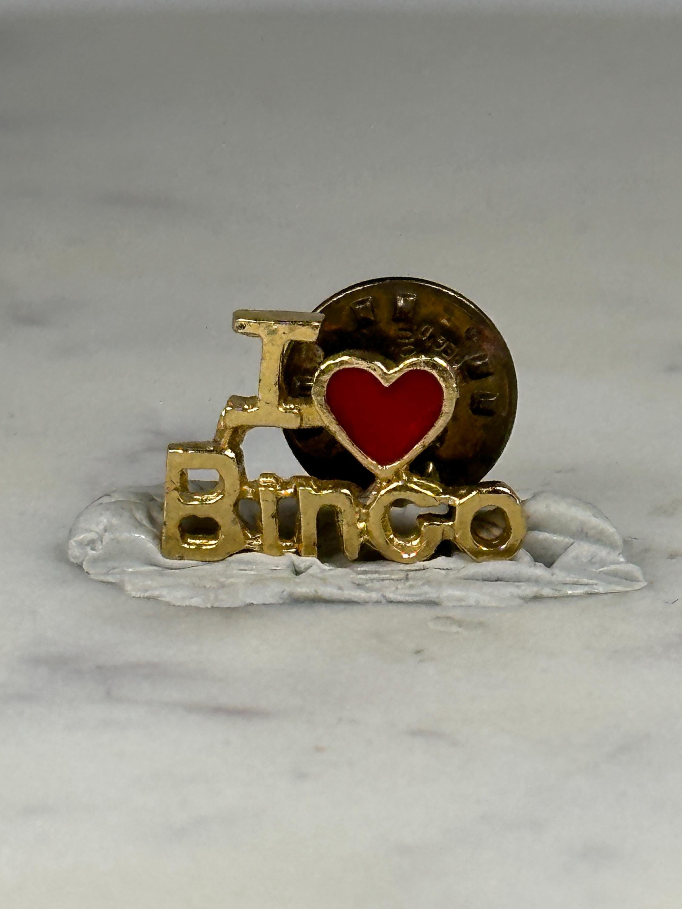 I Love Bingo Pin: Gold Tone Red Heart - Vintage Collector Accessory
