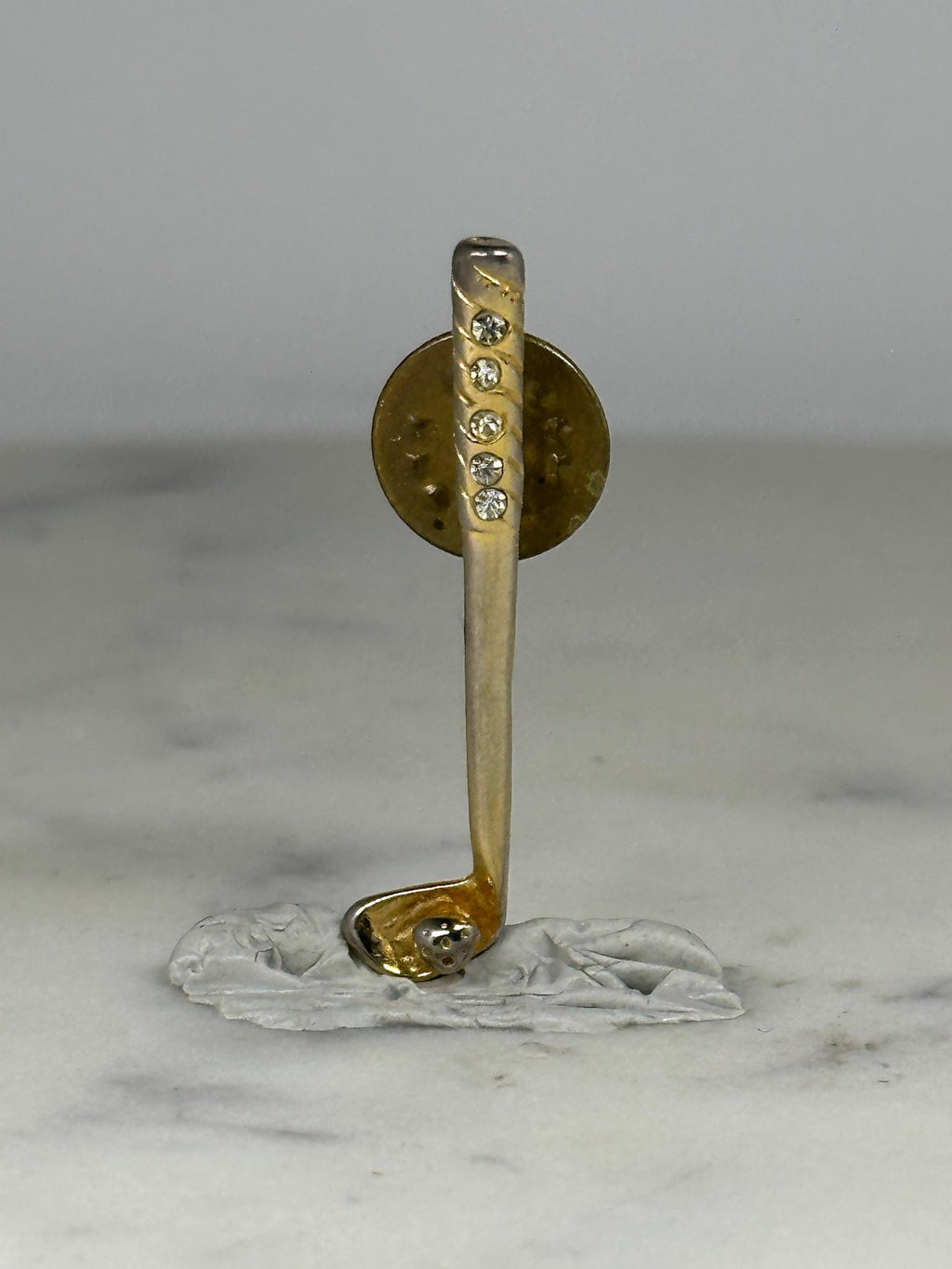 Golf Club Lapel Pin: Gold Tone with Rhinestones - Vintage Sports Accessory