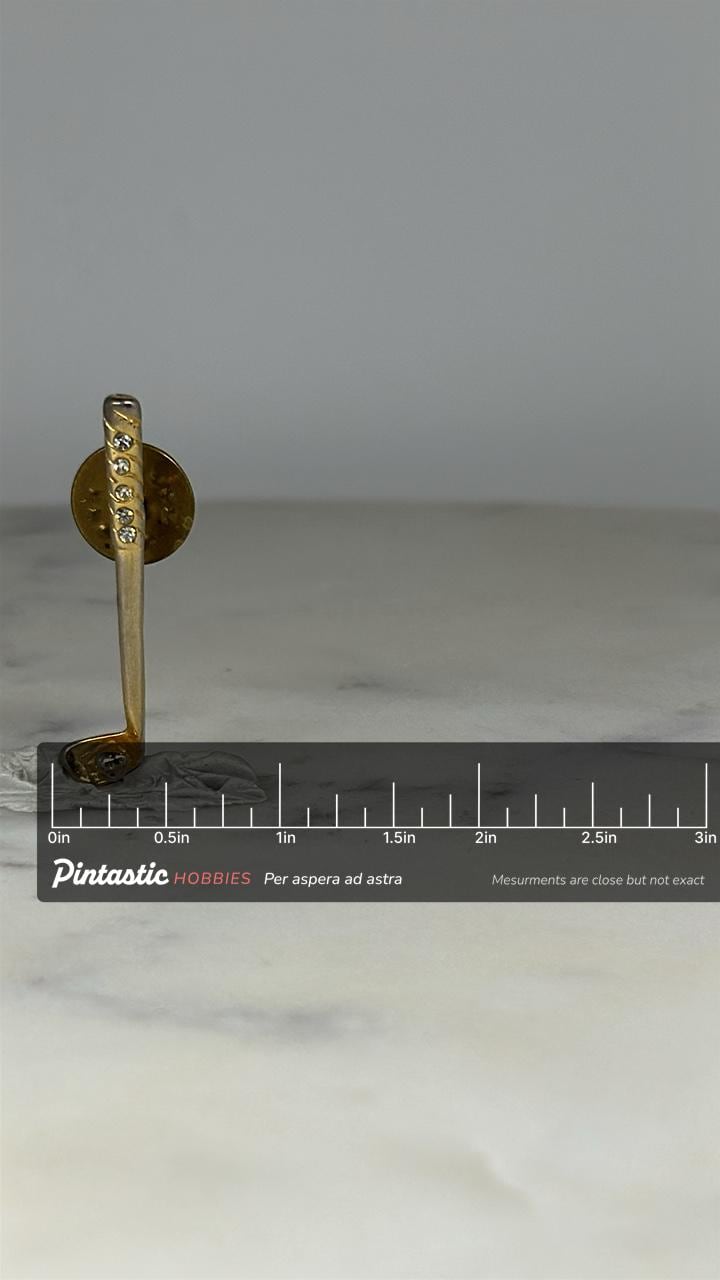 Golf Club Lapel Pin: Gold Tone with Rhinestones - Vintage Sports Accessory with ruler overlay for size reference