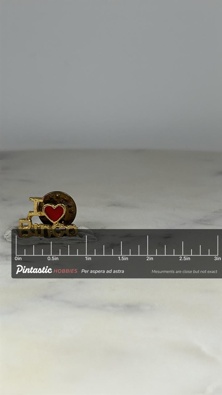 I Love Bingo Pin: Gold Tone Red Heart - Vintage Collector Accessory with ruler overlay for size reference