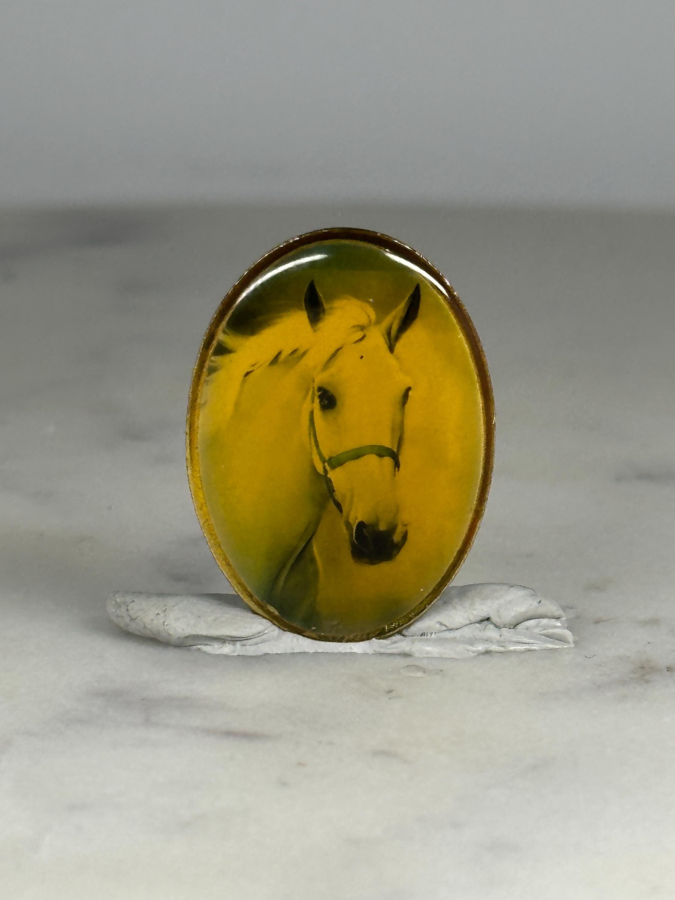 Horse Portrait Oval Pin: Yellow Resin Finish - Vintage Animal Accessory