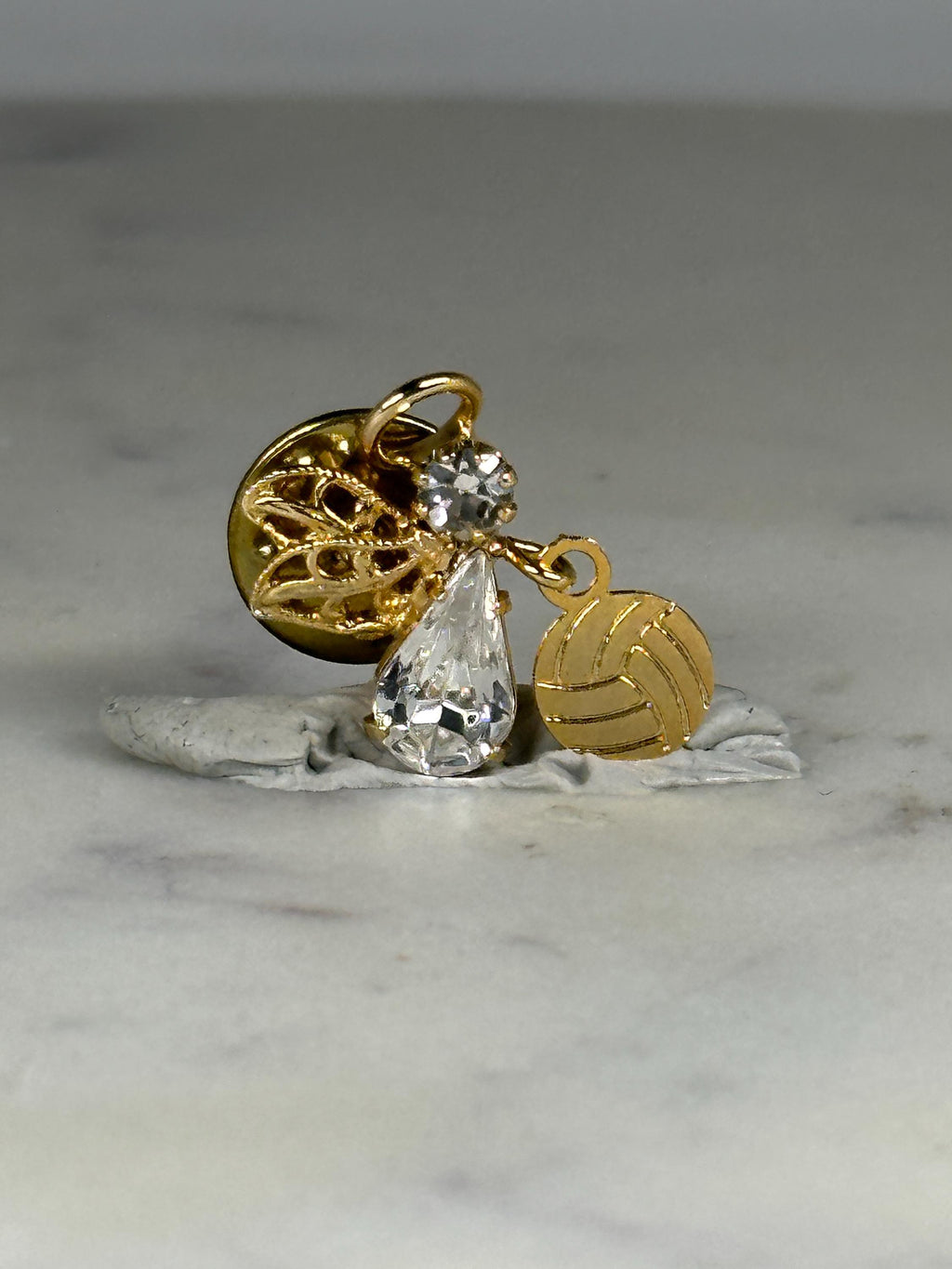 Angel Volleyball Charm Pin: Gold Tone with Rhinestone Drop - Vintage Accessory