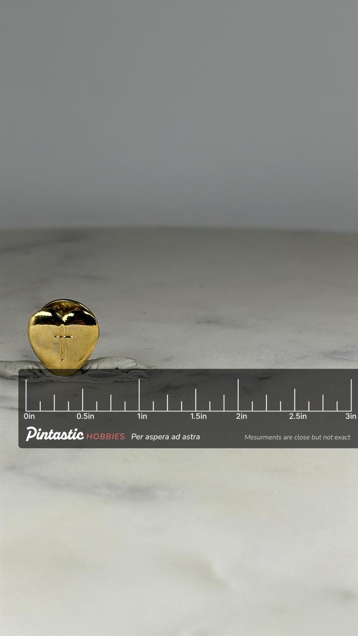 Gold Heart Cross Pin: Shiny Finish - Faith-Based Accessory with ruler overlay for size reference