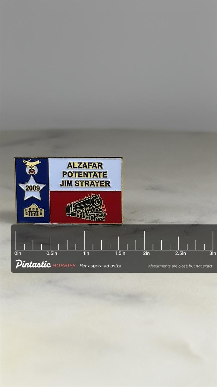 Alzafar Potentate Train Pin: Texas Flag Enamel - 2009 Fraternal Accessory with ruler overlay for size reference