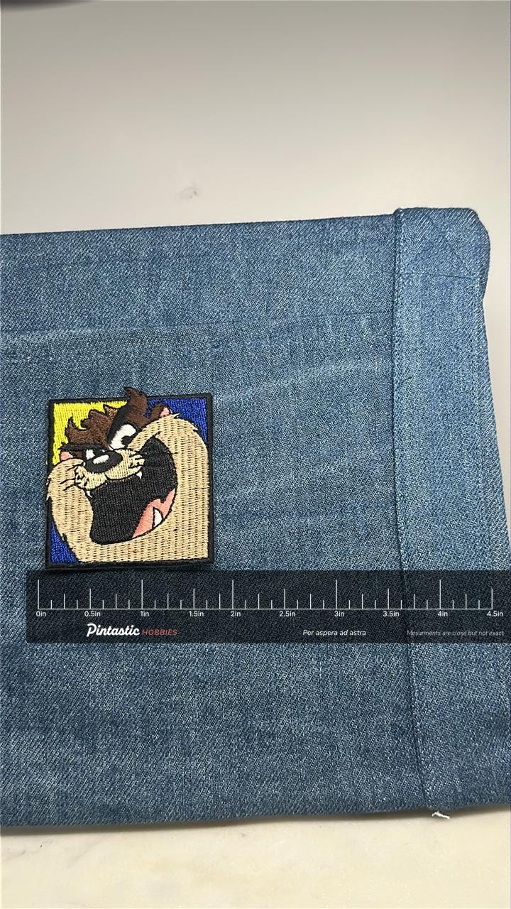 Taz Collectable Patch: Bold Cartoon Colors - 1990s Animation Accessory with ruler overlay for size reference