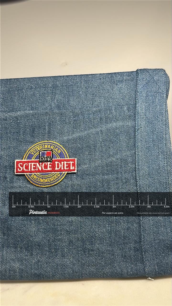 Hill's Science Diet Collectable Patch: Red/Gold Circle - Vintage Brand Accessory with ruler overlay for size reference