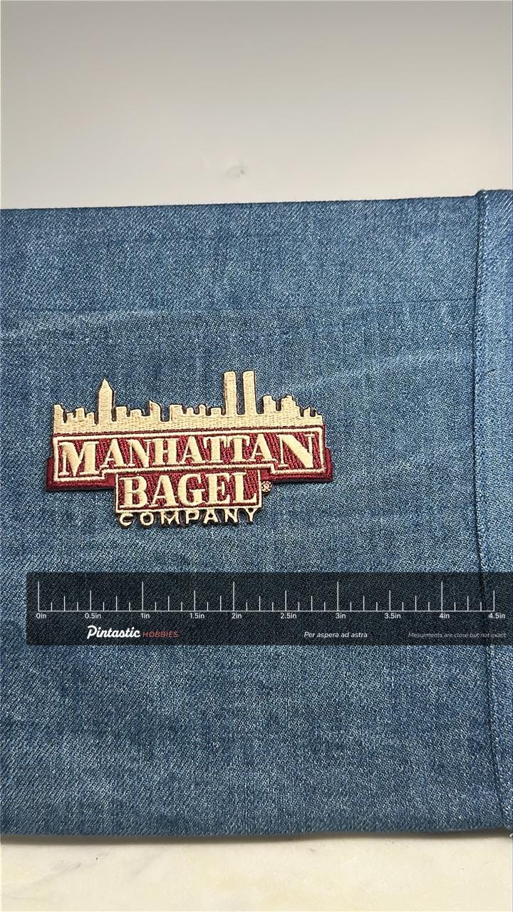 Manhattan Bagel Company Collectable Patch: Tan & Maroon - Retro Accessory with ruler overlay for size reference