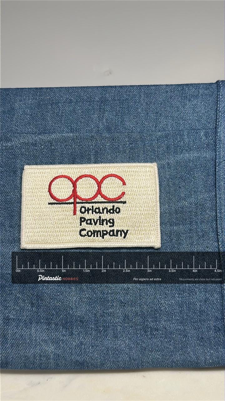 Orlando Paving Company Collectable Patch: Cream & Red - Retro Workwear Accessory with ruler overlay for size reference