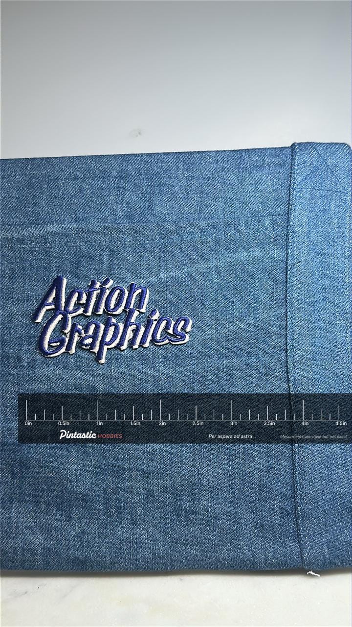 Action Graphics Collectable Patch: Blue & White Script - Retro Company Accessory with ruler overlay for size reference