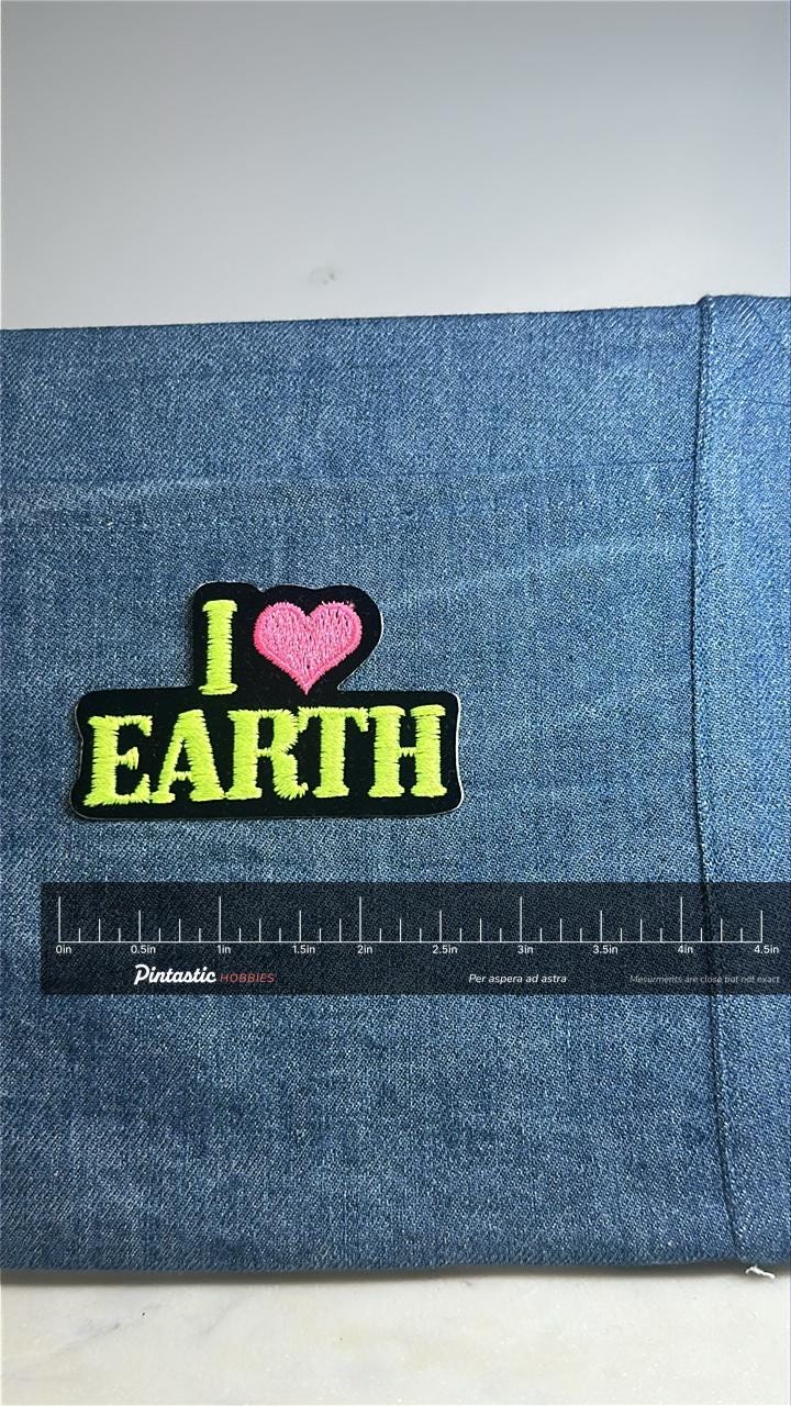 I Love Earth Collectable Patch: Neon Colors - Retro Eco Accessory with ruler overlay for size reference