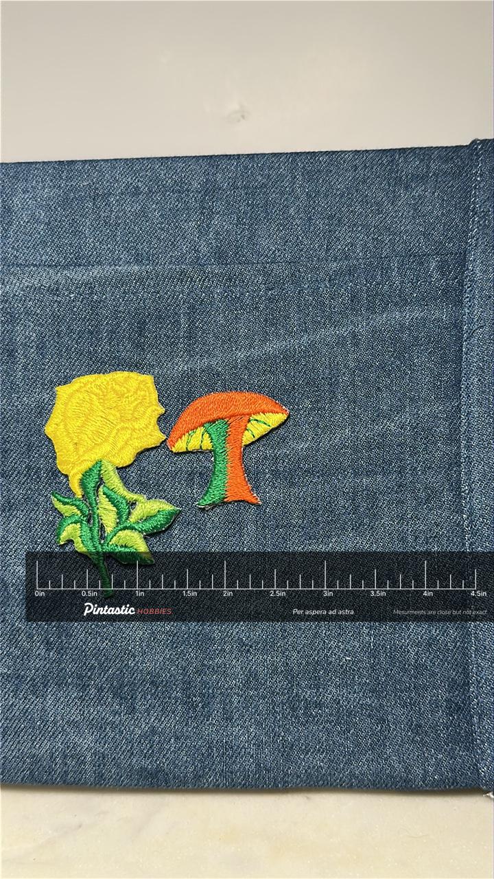 Flower & Mushroom Collectable Patch Set: Bright Colors - Retro Nature Accessory with ruler overlay for size reference