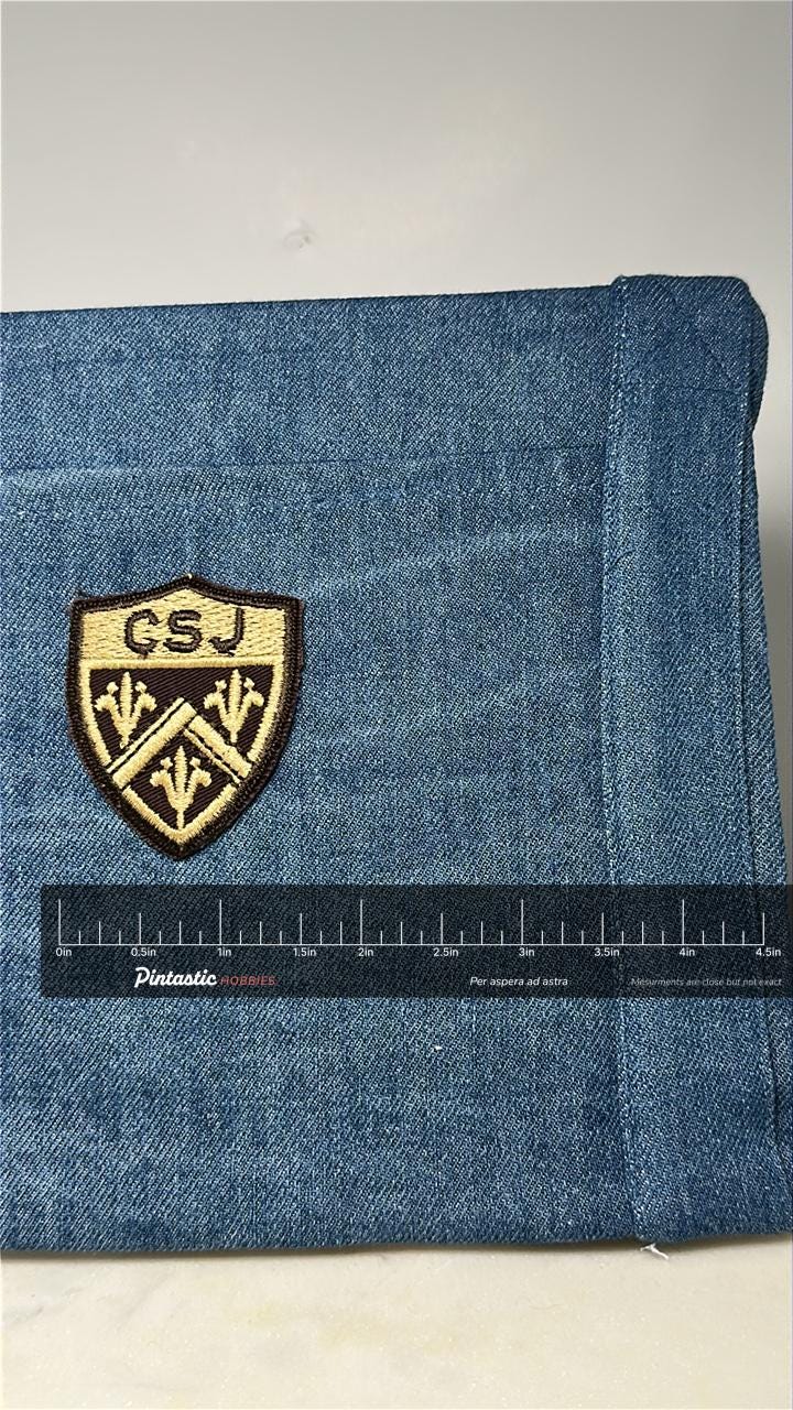 GSJ Shield Collectable Patch: Gold & Brown Crest - Vintage School Accessory with ruler overlay for size reference