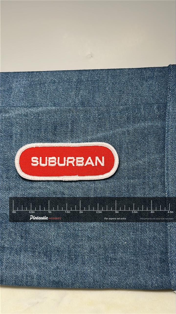 Suburban Collectable Patch: Red White Oval - Retro Auto Accessory with ruler overlay for size reference