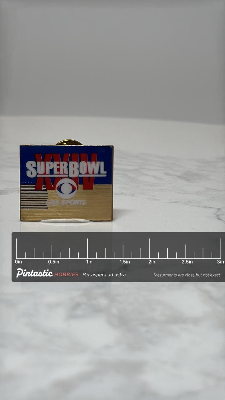 Super Bowl XXIV CBS Sports Pin: Enamel Gold Finish - 1990 NFL Accessory with ruler overlay for size reference