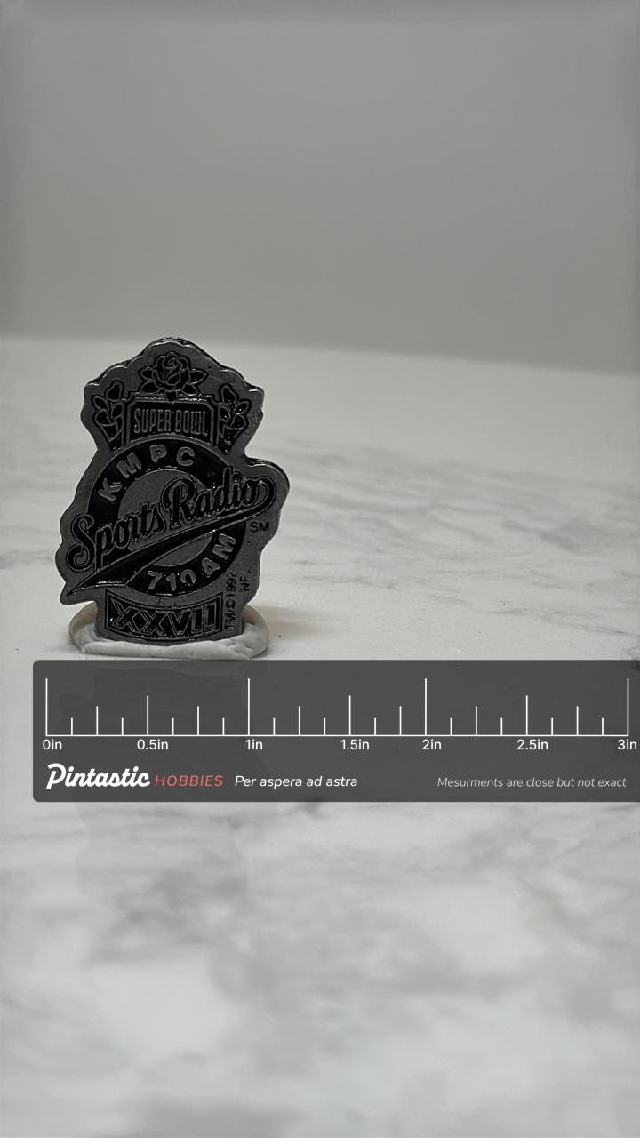 Super Bowl XXVII Sports Radio Pin: Silver Tone - 1990s NFL Accessory with ruler overlay for size reference