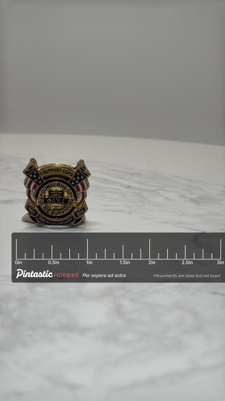 COPS 20th Anniversary Pin: Gold Enamel Shield - Patriotic 2004 Accessory with ruler overlay for size reference