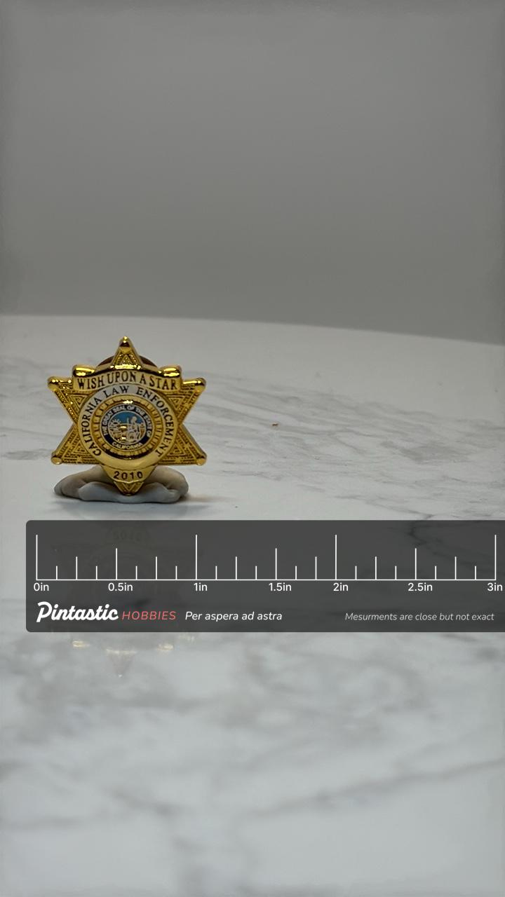 California Law Enforcement Pin: Gold Star Badge - 2010 Collector Accessory with ruler overlay for size reference