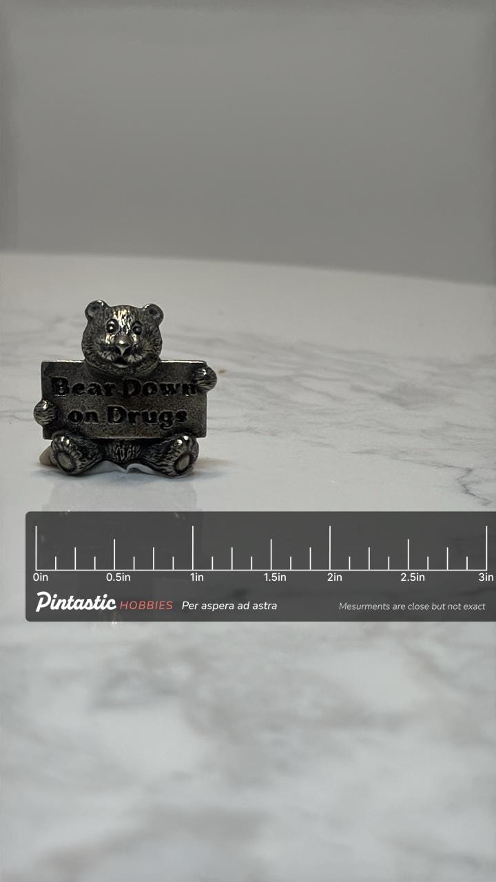 Bear Down on Drugs Pin: Pewter Finish Bear - Anti-Drug Campaign Accessory with ruler overlay for size reference