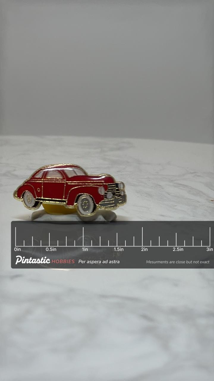 1948 Fleetline Style Pin: Red Classic 40s Sedan Enamel Car Pin with ruler overlay for size reference