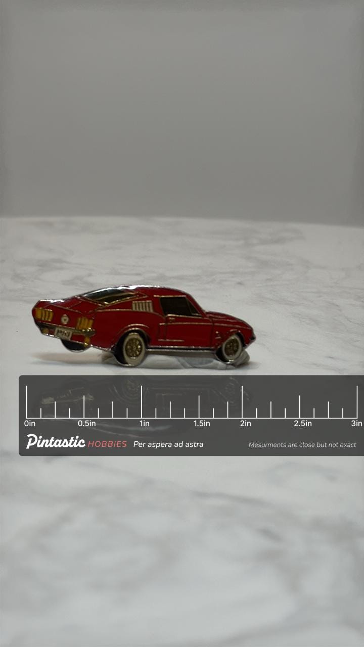 1967 to 1968 Ford Mustang Fastback Pin: Classic Red Muscle Car Enamel Pin with ruler overlay for size reference