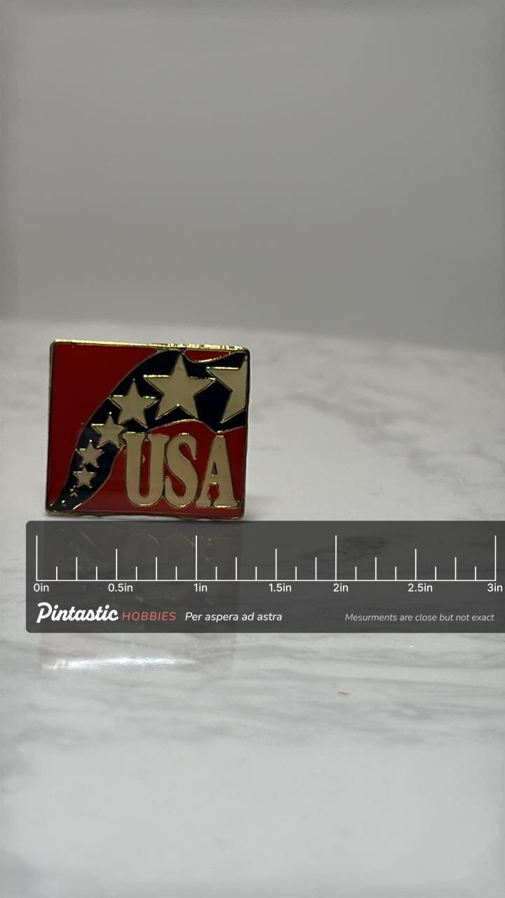 USA Star Trail Pin: Red Enamel Gold-Tone - Patriotic Accessory with ruler overlay for size reference