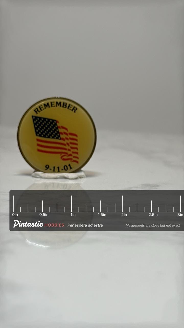 9/11 Memorial Pin: American Flag Yellow Enamel - Patriotic Accessory with ruler overlay for size reference